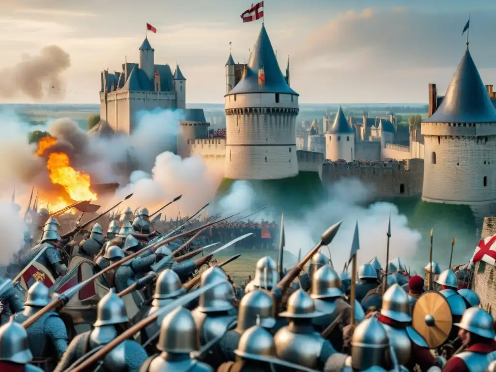 Asedio de Orleans en la Guerra de los Cien Años con Juana de Arco defendiendo la ciudad Ilustración detallada del Asedio de Orleans en la Guerra de los Cien Años, con Joana de Arco liderando la defensa francesa contra tropas inglesas