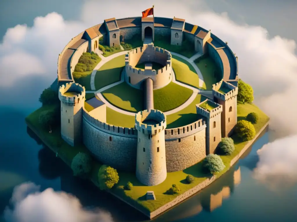 Ilustración detallada de castillo concéntrico para defensa estratégica Ilustración detallada de diseño de castillo concéntrico con múltiples capas defensivas contra invasores