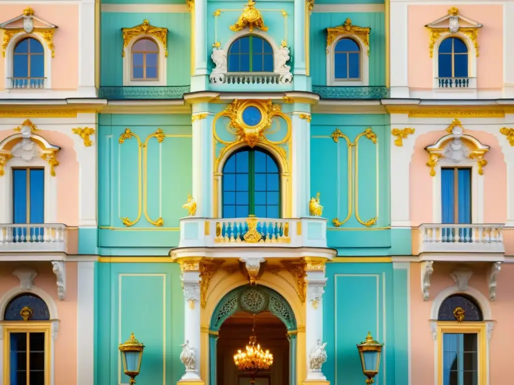 Detallada fachada rococó del Palacio de Schönbrunn en Viena, Austria, con colores pastel, decoraciones y esculturas