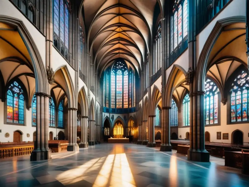 Esplendor gótico en la Catedral de San Vito, Praga Detallada imagen 8k de la arquitectura gótica del Castillo de Praga, con luz filtrándose en vitrales y turistas maravillados