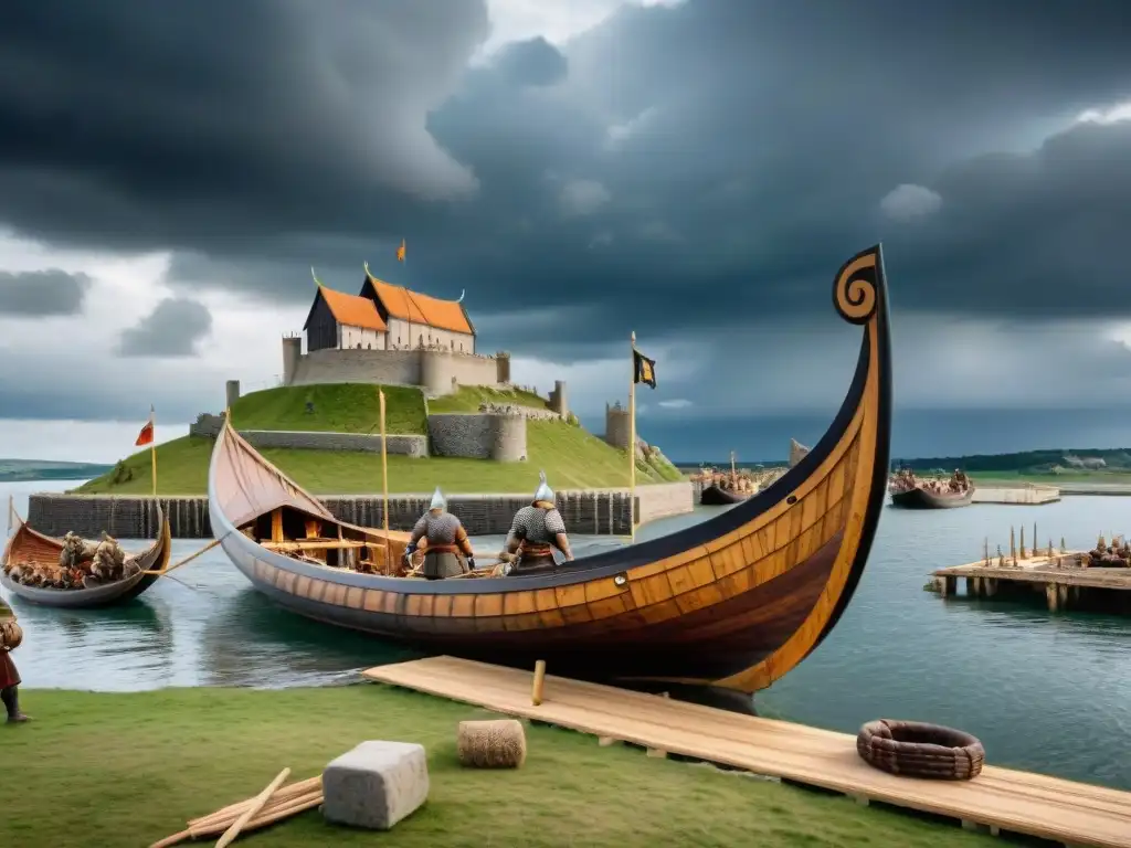 Castillo medieval en construcción junto a un drakkar vikingo Detallada imagen de un drakkar vikingo cerca de un castillo medieval en construcción, fusionando técnicas vikingas en castillos medievales