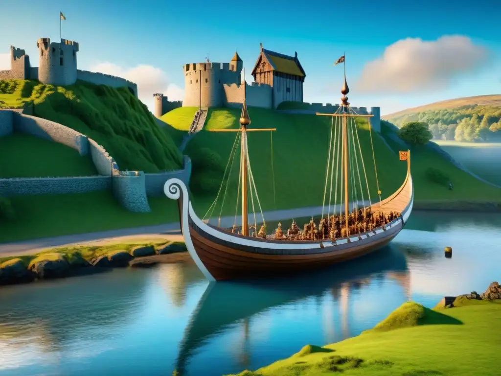 Viking longship y castillo medieval: fusión arquitectónica Una detallada reconstrucción de un drakkar vikingo atracado cerca de un castillo medieval, fusionando técnicas vikingas en la arquitectura