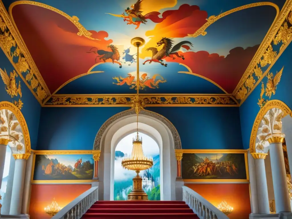 Frescos detallados del Gran Salón en Neuschwanstein Detallado arte en techos de castillos: frescos coloridos y vibrantes en el techo del Gran Salón del Castillo de Neuschwanstein