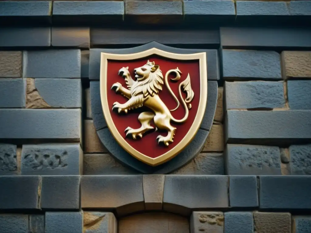Escudo heráldico tallado en piedra: detalle majestuoso Detallado escudo heráldico esculpido en la piedra de un castillo legendario