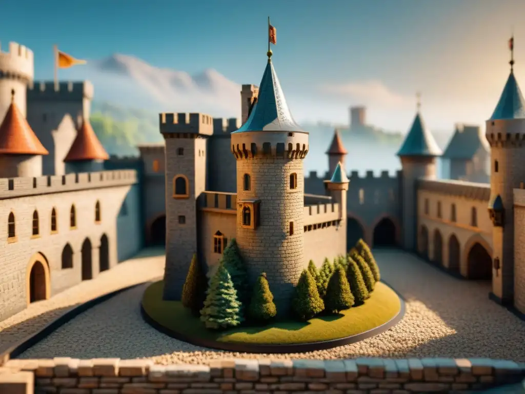 Réplica detallada de castillo medieval en miniatura Un detallado modelo de castillo medieval en miniatura, con torres, murallas de piedra y figuras de caballeros y caballos