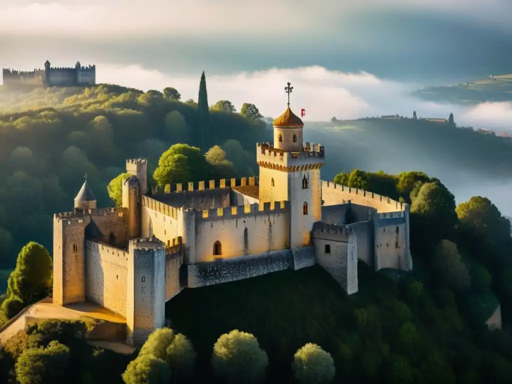 Fortaleza medieval: Castillo Templario de Tomar en Portugal Detalle arquitectónico del Castillo Templario de Tomar en Portugal con la cruz templaria, reflejando la historia y arquitectura medieval