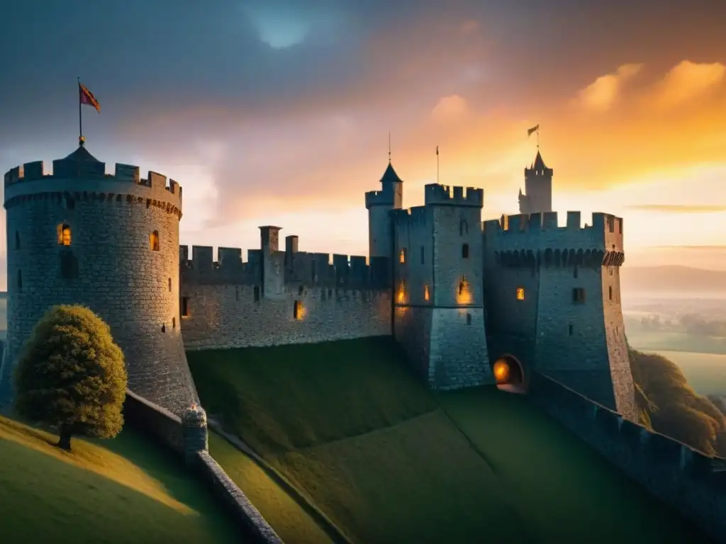 Castillo medieval al atardecer: misterio y historia Detalle de un castillo medieval al anochecer, con caballeros patrullando, evocando historia