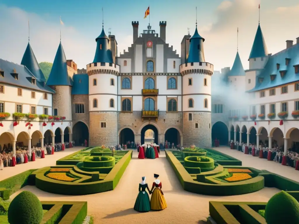 Transformaciones del castillo renacentista: 16 al 18 siglo Detalle de un castillo renacentista en evolución con obreros y nobles en actividades diarias, reflejando la evolución vida en castillos