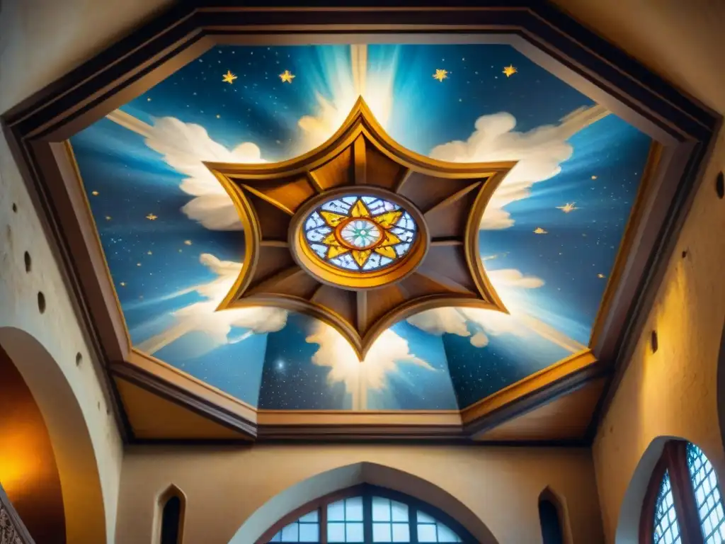Arte celestial en frescos medievales de un castillo Detalle celestial en techos de castillos: frescos de ángeles, estrellas y nubes, iluminados por luz natural