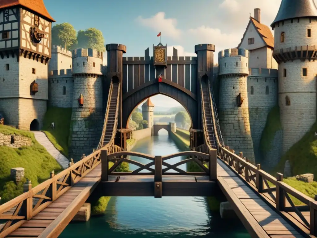 Detalle de un complejo sistema de puente levadizo en un castillo medieval, con engranajes y mecanismos en acción