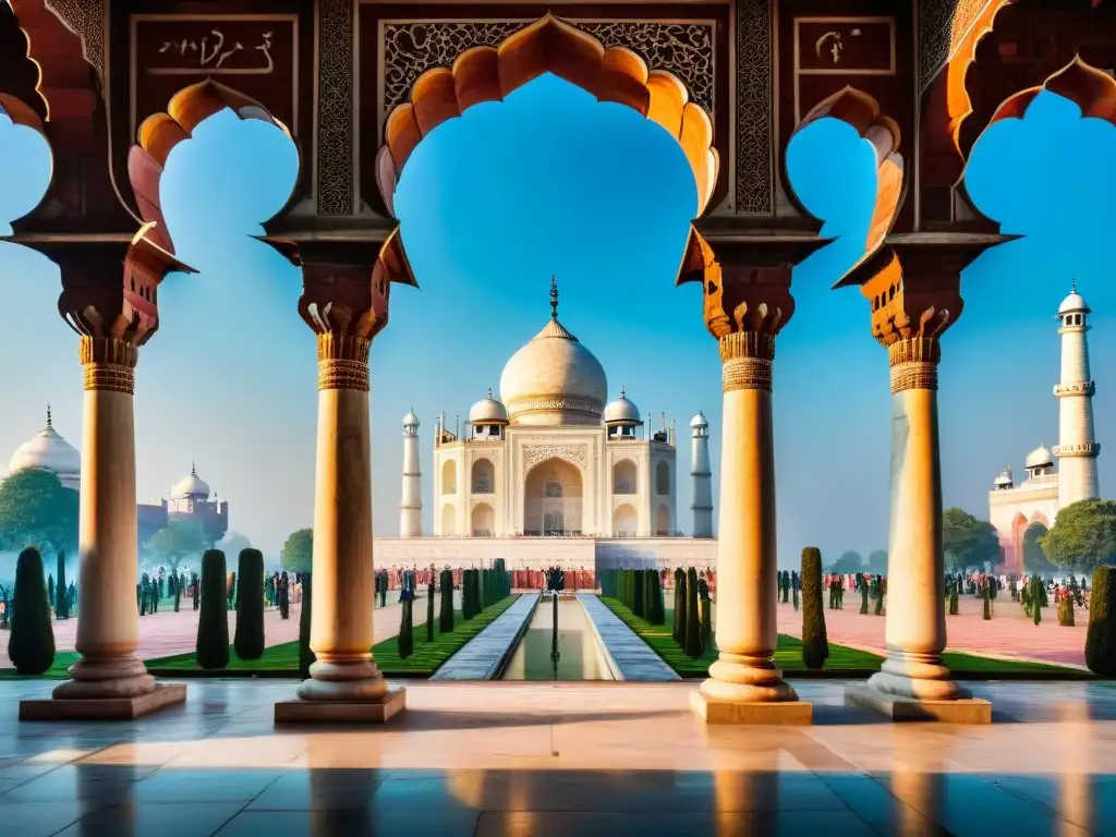 Maravillas del Taj Mahal: Arte en Mármol Detalle de mármol y delicadas tallas en el Taj Mahal, con cúpulas blancas y minaretes altos frente a un cielo azul