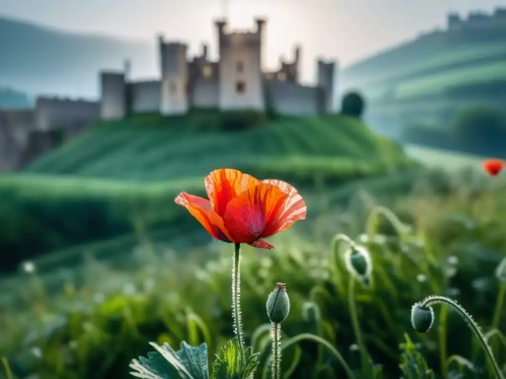 Deslumbrante amapola roja con castillo medieval en paisaje verde Detalle encantador: amapola roja con rocio y castillo medieval en paisaje verde