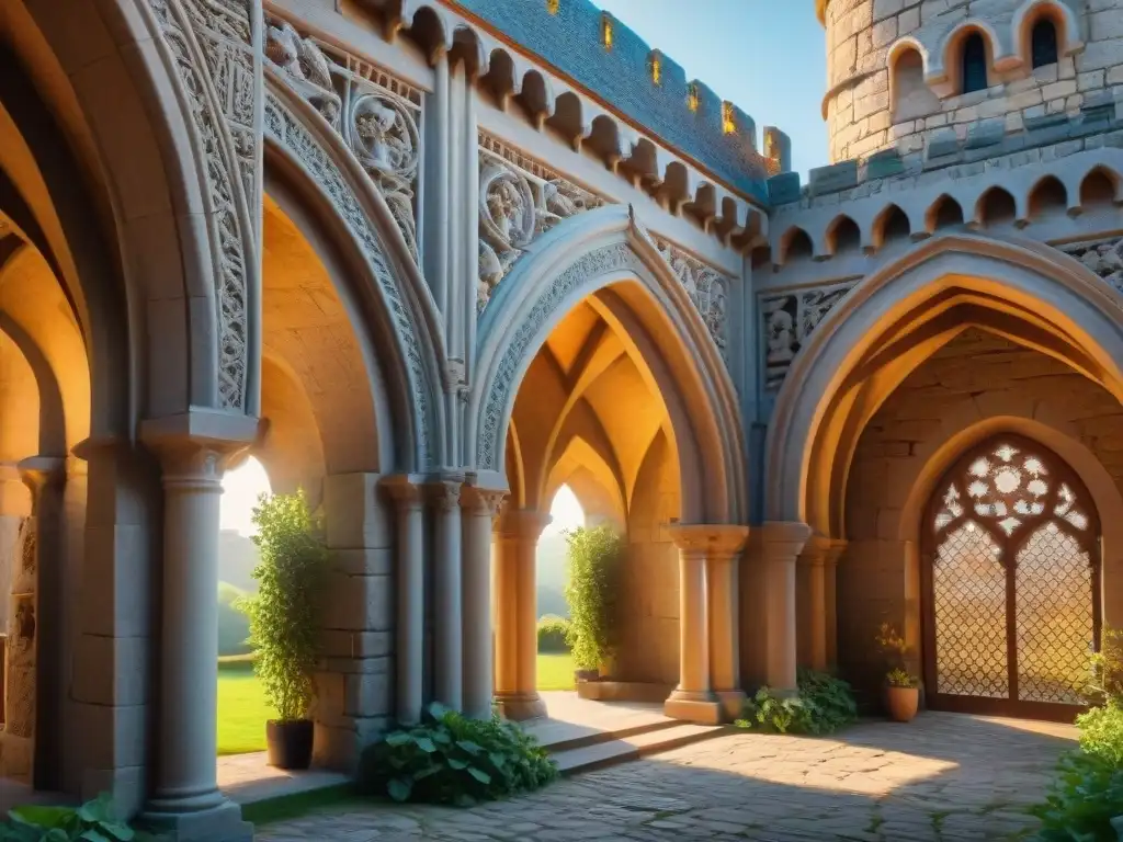 Increíbles esculturas góticas en la puerta de un castillo medieval Detalle de la escultura gótica en la puerta de un castillo medieval, con caballeros, criaturas míticas y motivos florales