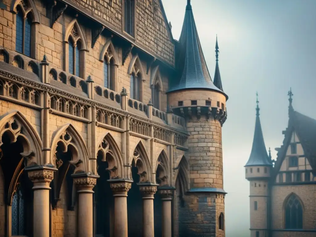 Detalles góticos: fachada esculpida de un castillo medieval Detalle escultural gótico de un castillo medieval resaltando juego de luces y sombras