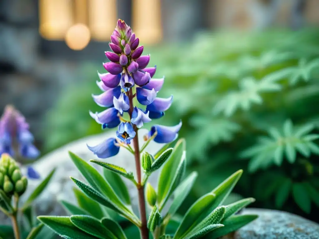Detalles íntimos de flor de lupino púrpura en jardín de castillo Detalle de una flor silvestre púrpura entre follaje verde en un jardín de castillo, con gotas de rocío y muros antiguos al fondo