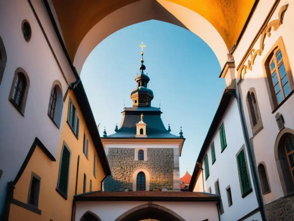Arquitectura gótica detallada del Castillo de Český Krumlov al amanecer Detalle gótico del Castillo Český Krumlov iluminado por la mañana, historia medieval Czech