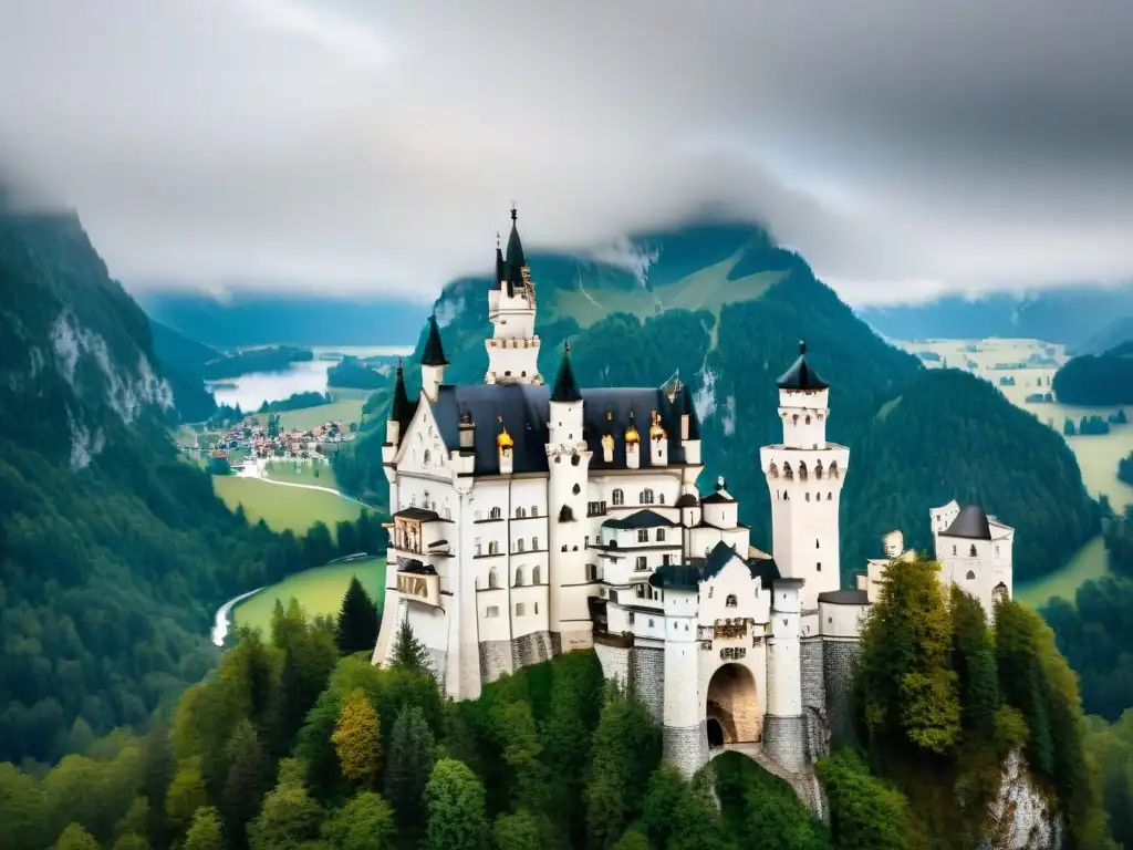 Castillo Neuschwanstein: arquitectura gótica detallada y misteriosa Detalle gótico del Castillo Neuschwanstein: torres altas, tallas ornamentales y fondo montañoso dramático, revelando misterios arquitectónicos