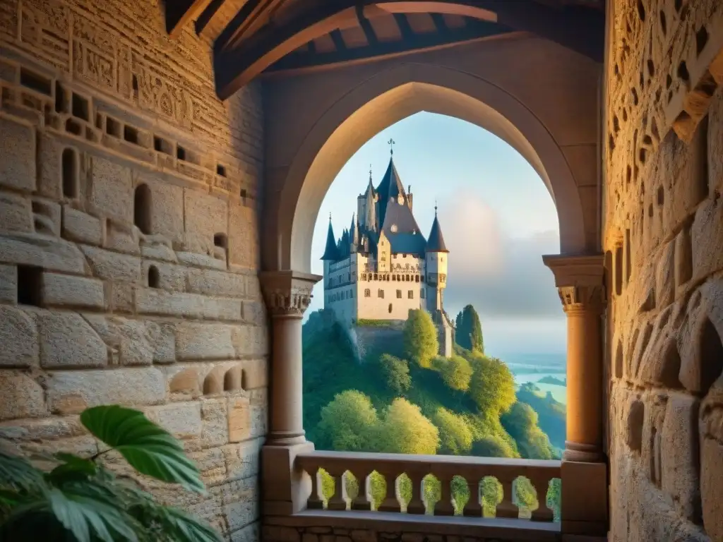 Majestuosa arquitectura gótica del Castillo de Falkenstein: luces y sombras Detalle gótico del Castillo Falkenstein: torres imponentes, grabados en piedra y atmósfera misteriosa
