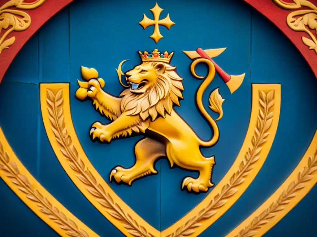 Escudo de armas medieval: león dorado en muro de piedra Detalle heráldico en castillo legendario: escudo con león dorado en azul, rodeado de flores, motto latino y sombras dramáticas