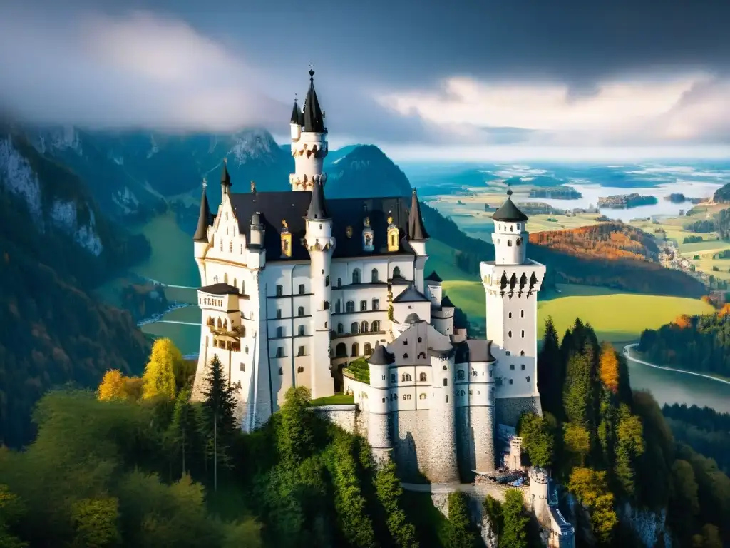 Detalle impresionante de Neuschwanstein Castle en Alemania, resaltando su arquitectura medieval