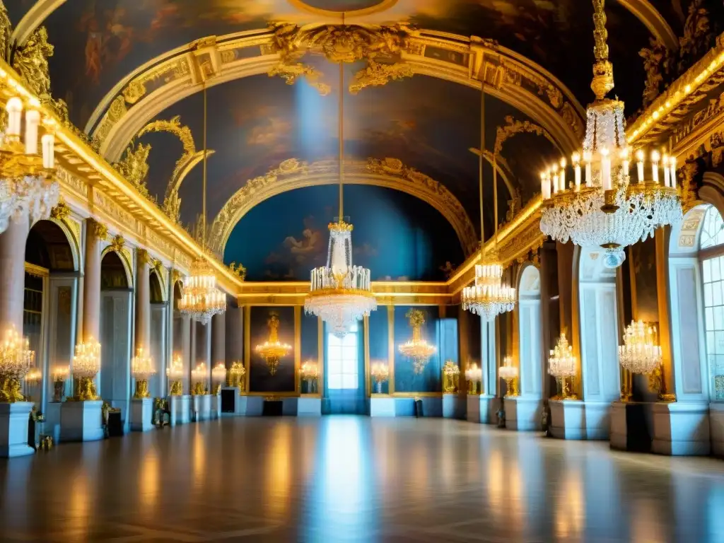 Esplendor dorado en el Salón de los Espejos de Versalles Detalle lujoso del interior del Palacio de Versalles en Francia, con refinados detalles dorados en el Salón de los Espejos