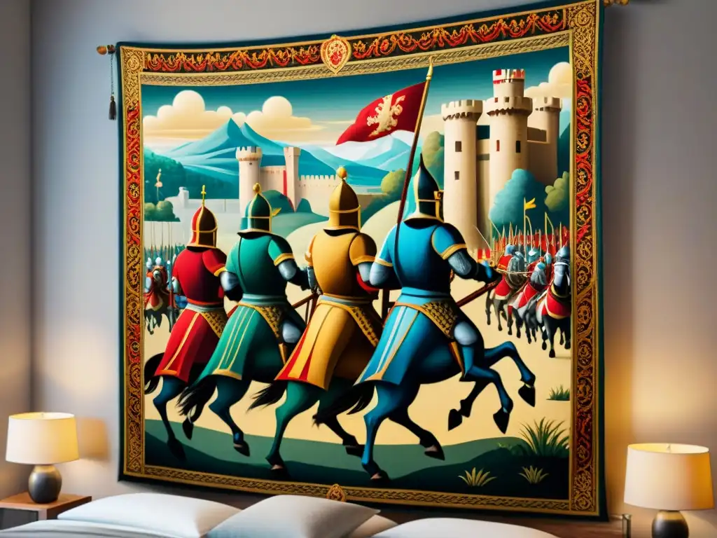 Tapiz medieval de caballeros en palacio real Detalle de tapiz medieval en castillo: Arte en castillos joyas escondidas