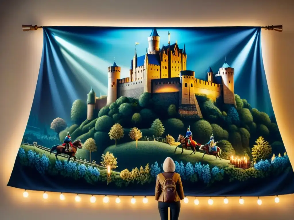 Tapiz medieval detallado con castillo y caballeros en tonos de oro y azul Detalle de tapiz medieval en tonos de castillos, con caballeros, torres y vegetación, iluminado por luz de velas cálida