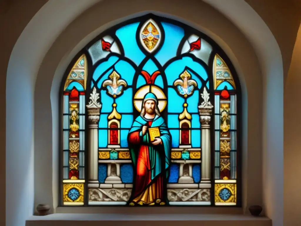 Ventana de vitral medieval: coloridos diseños religiosos Detalle de vitral en capilla de castillo medieval, colores vibrantes y escenas religiosas, luz solar creando ambiente espiritual