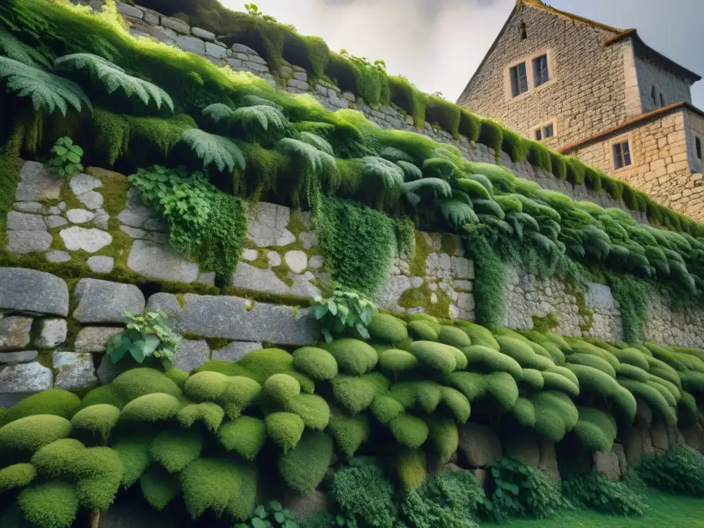 Detalle milenario: Muralla de piedra en castillo histórico Detalles de una antigua construcción ecológica en castillos: piedras, musgo y hiedra en armonía con la naturaleza