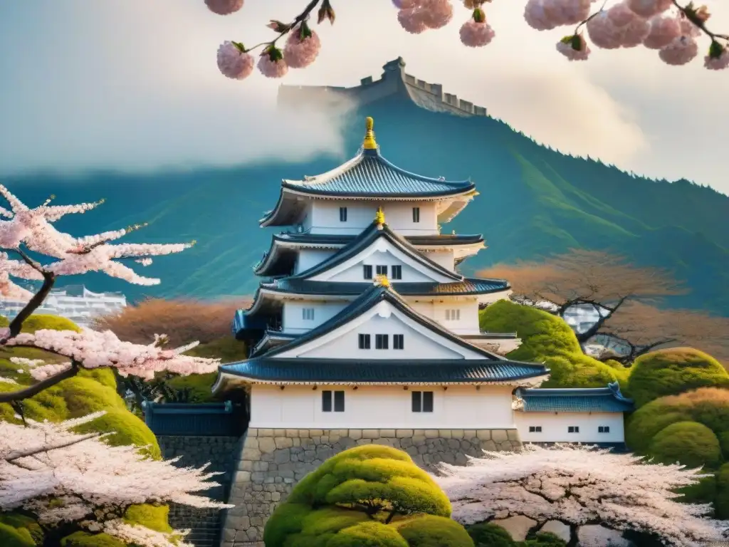 Castillo de Himeji en floración: arquitectura y naturaleza japonesa Detalles arquitectónicos del Castillo de Himeji con árboles de cerezo en flor