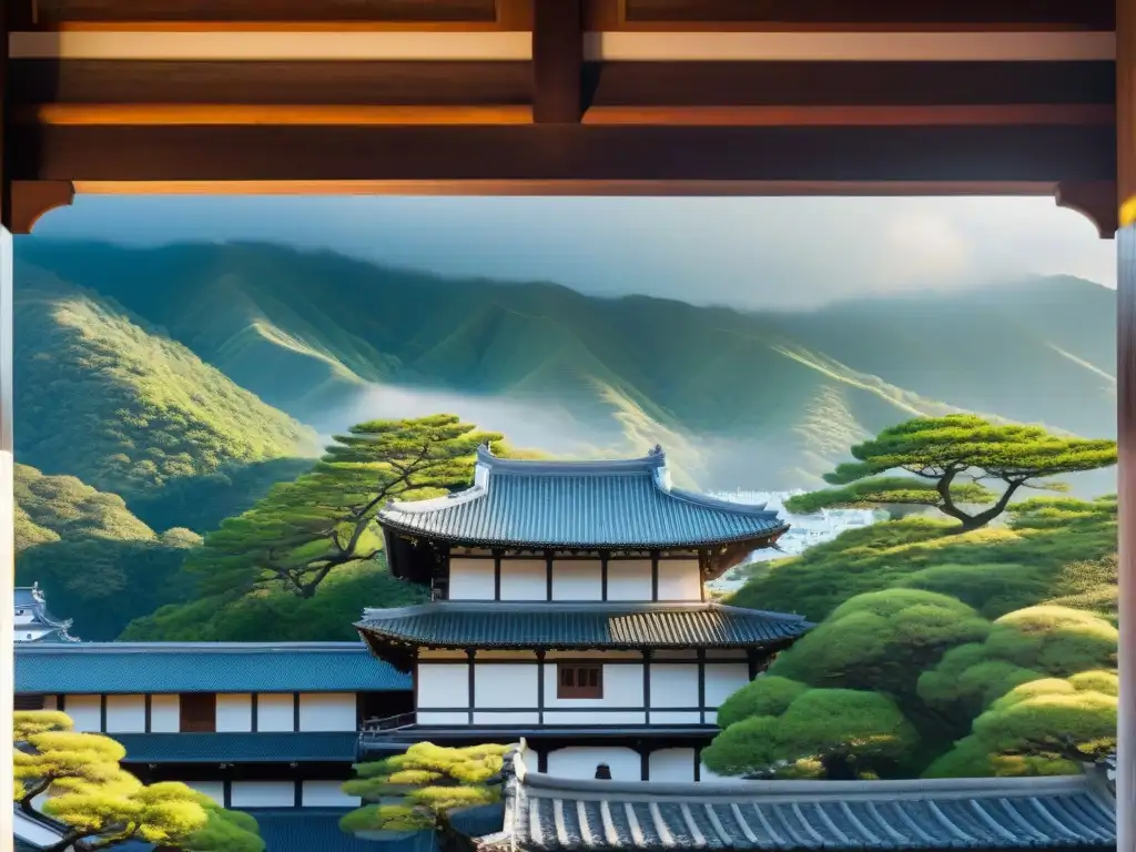 Detalles arquitectónicos del Castillo de Himeji en Japón, reflejando fusión de diseños japoneses con influencias chinas y coreanas