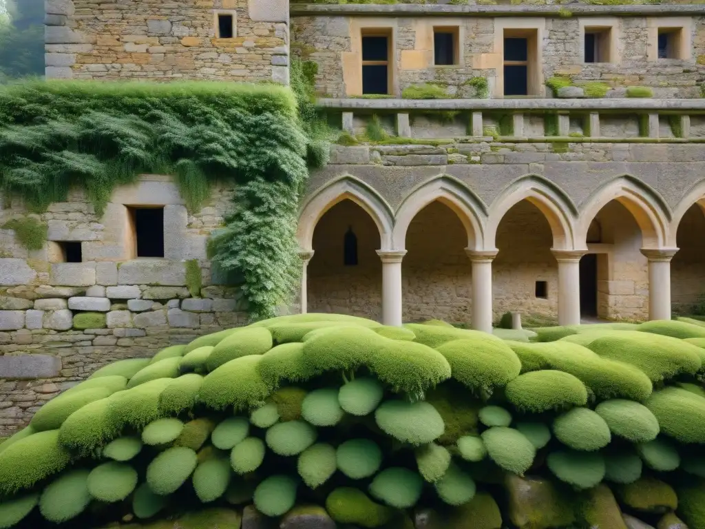 Arte ancestral en piedra: arquitectura sostenible Detalles de construcción ecológica en castillo antiguo: piedras y musgo en simbiosis