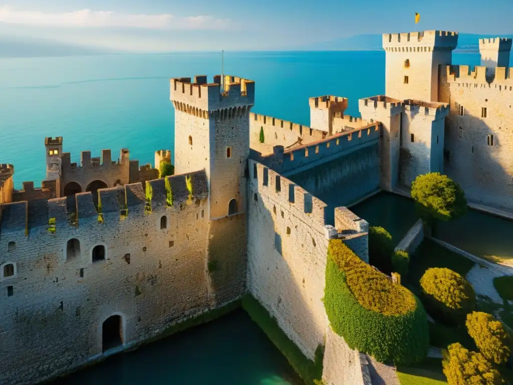 Castillo de Sirmione al atardecer: misterio en piedra Detalles del Castillo de Sirmione iluminados por el sol, evocando historia misteriosa
