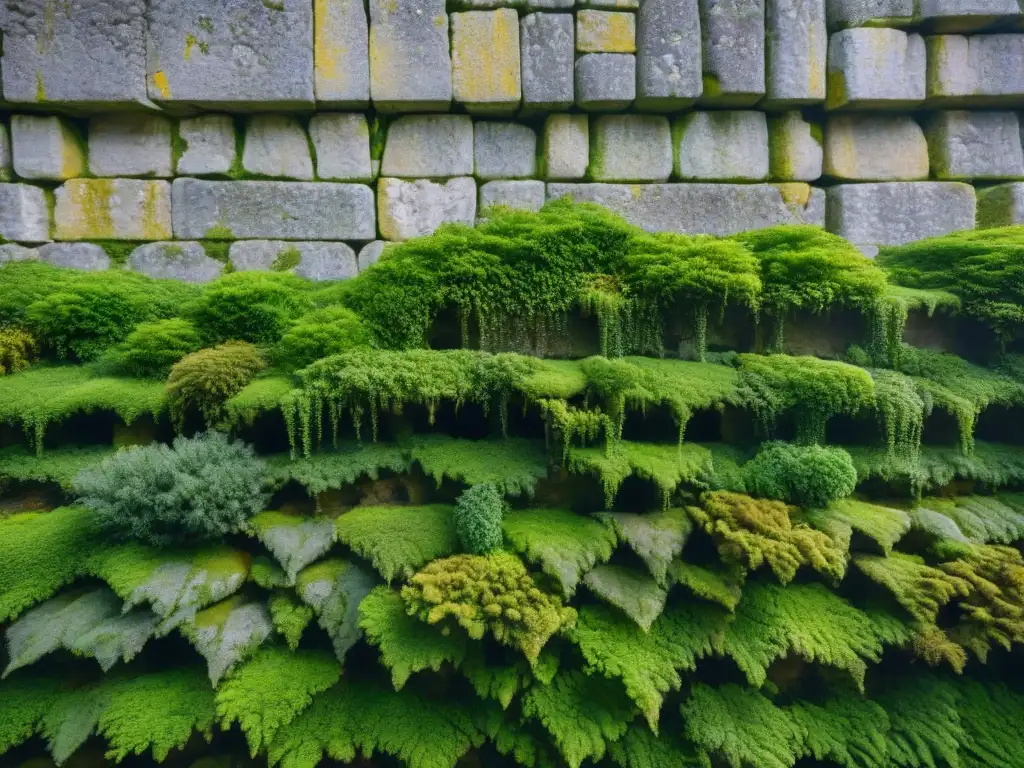 Muro de piedra medieval: detallada obra de arte con musgo Detalles fascinantes de una antigua muralla de castillo medieval con musgo entre las grietas