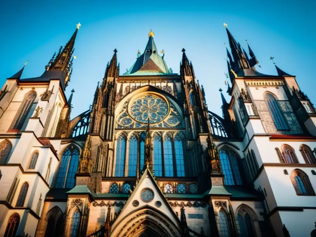 Esplendor gótico: Catedral de San Vito en el Castillo de Praga Detalles góticos del Castillo de Praga resaltan contra el cielo azul