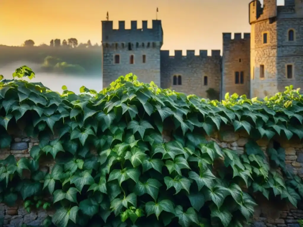 Majestuoso castillo medieval con enredaderas verdes al atardecer Detalles intrincados de un castillo medieval con paredes de piedra desgastadas y enredaderas verdes, iluminado por el sol poniente