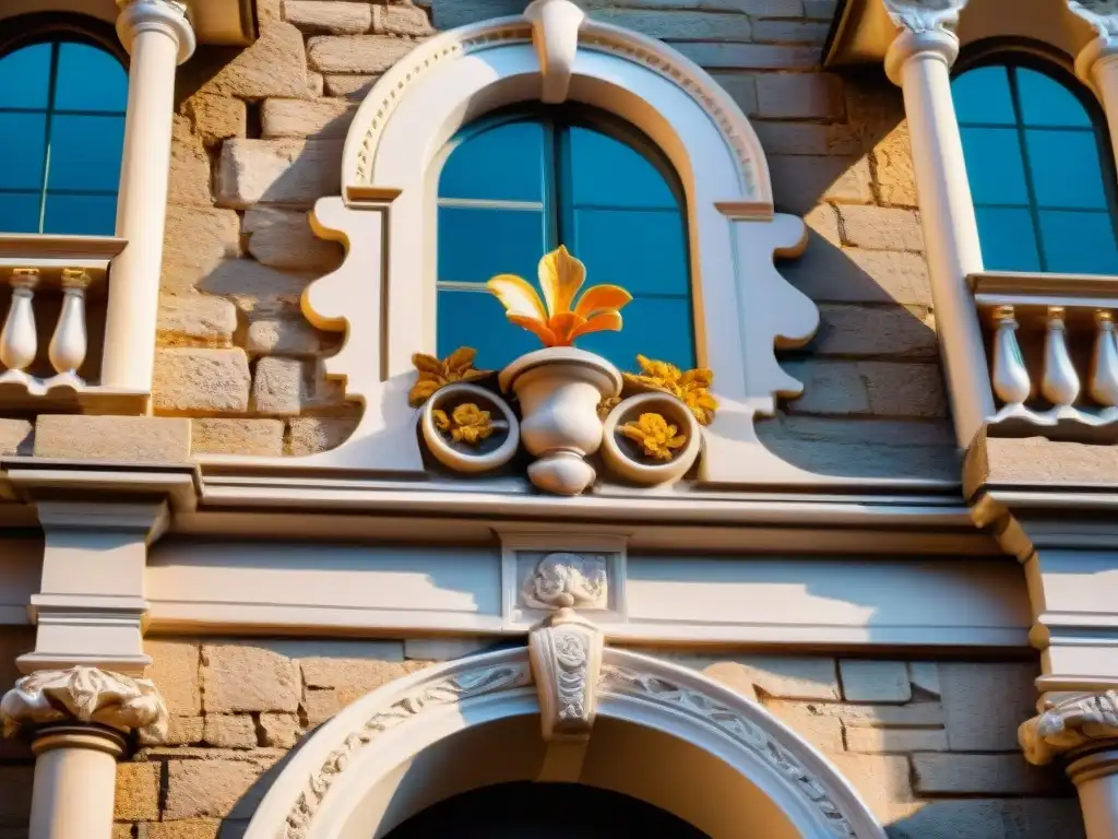 Detalles Rococó en la fachada de un castillo: motivos florales, querubines esculpidos y columnas ornamentadas
