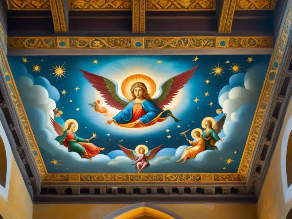 Frescos medievales detallados en un castillo histórico Detalles vibrantes de frescos medievales en el techo de un castillo, arte en techos de castillos