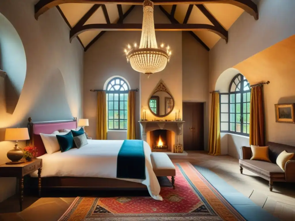 Suite medieval transformada en alojamiento de lujo Un dormitorio de castillo medieval con comodidades modernas: cama de dosel, chimenea, muebles antiguos y candelabro contemporáneo