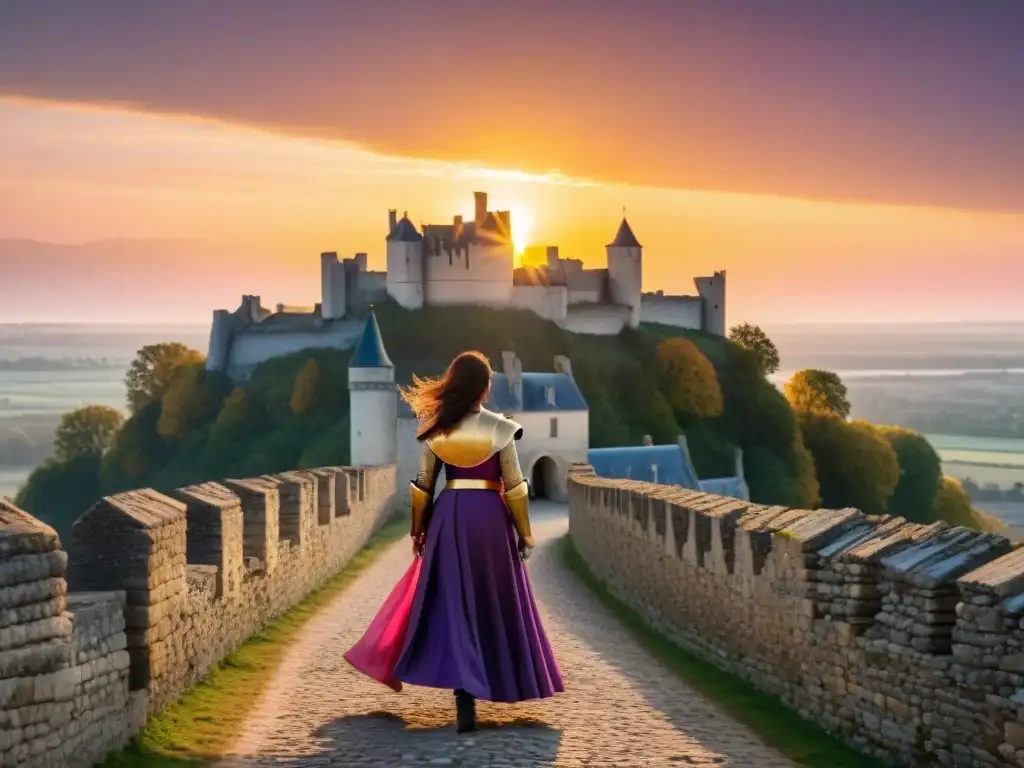 Puesta de sol en Castillo Chinon: legado de Juana de Arco Dramático atardecer en el Castillo de Chinon con figura de Juana de Arco y gloriosa luz dorada