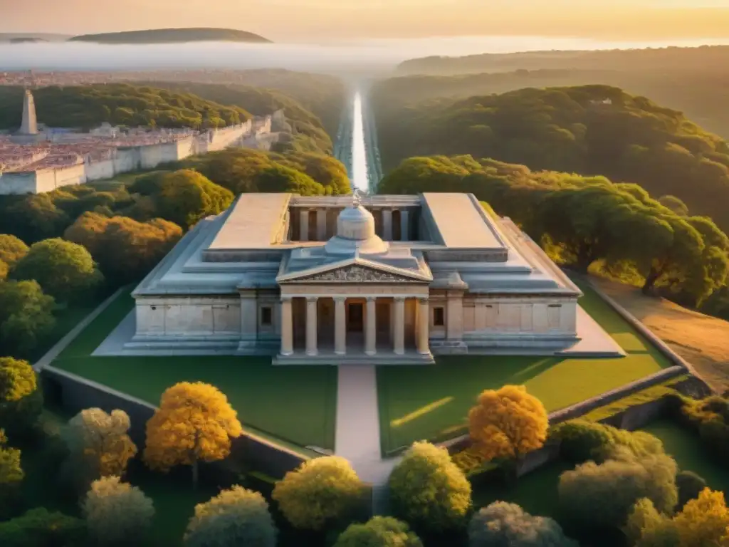 Drone captura monumento histórico al atardecer Un dron sobrevolando majestuoso monumento antiguo al atardecer, preservación monumentos históricos drones
