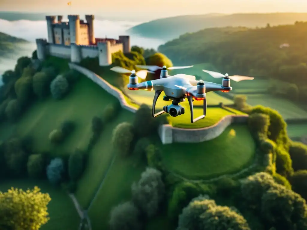 Drone de conservación sobre castillo medieval al atardecer Un drone de alta tecnología sobrevolando un majestuoso castillo medieval al atardecer, mostrando la fusión de tradición e innovación en la gestión sostenible de castillos históricos
