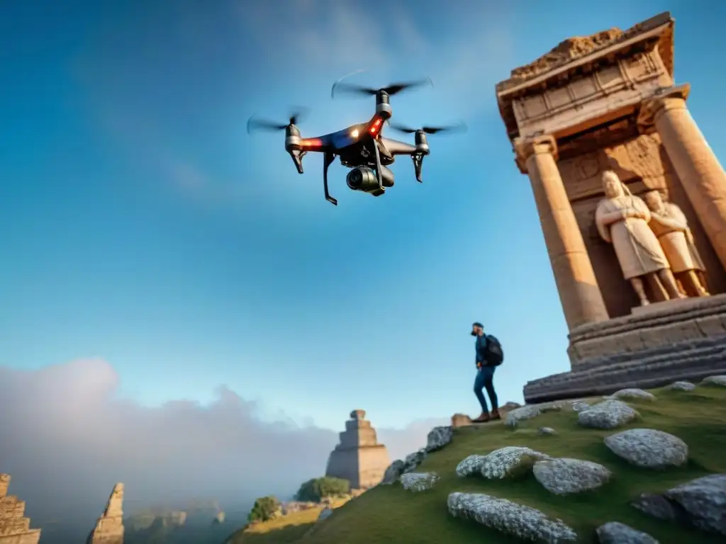 Dron conservador de patrimonio: arquitectura antigua y tecnología moderna Un drone sobrevuela majestuoso monumento histórico, resaltando conservación con tecnología moderna