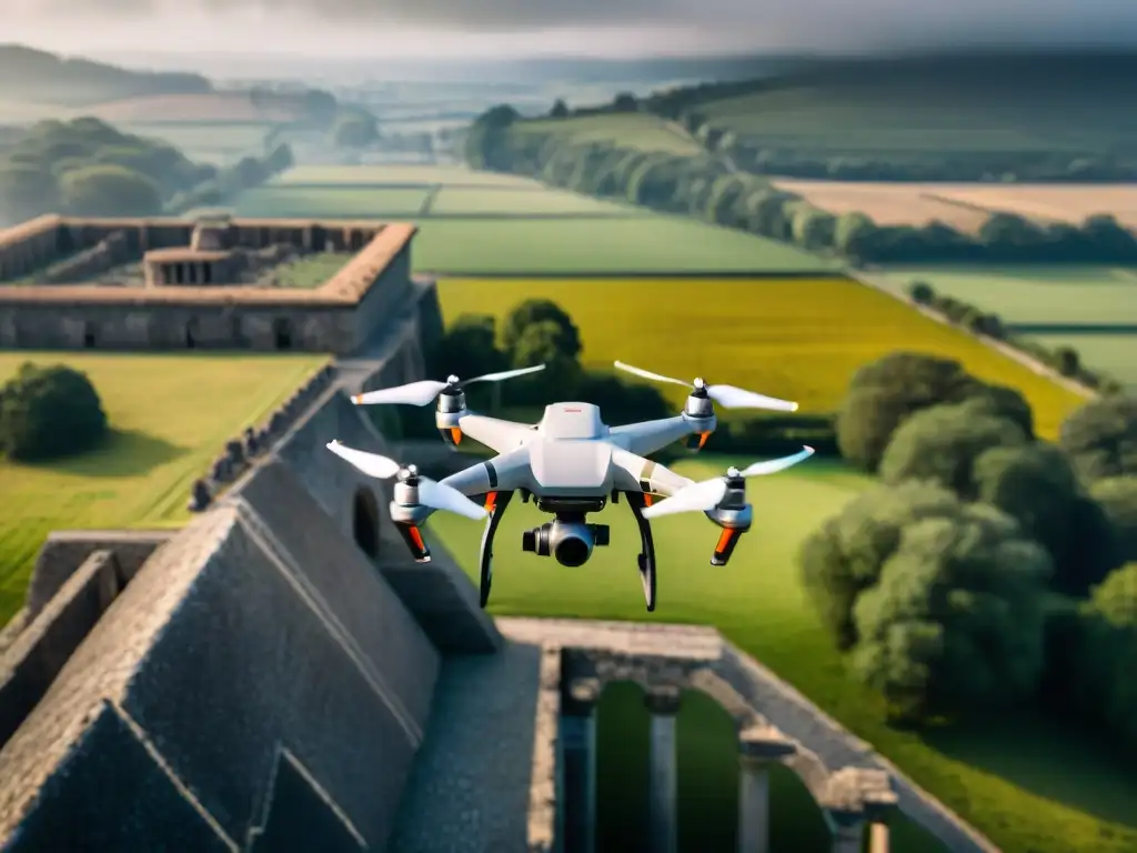 Dron sobrevolando monumento histórico: pasado y presente fusionados Drone preservando monumentos históricos con tecnología innovadora