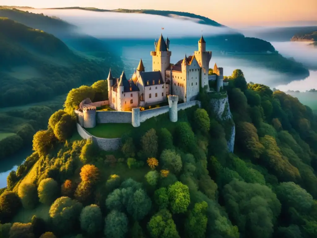 Castillo medieval en acantilado al atardecer Drones capturan castillo medieval en acantilado, rodeado de bosques verdes y río, bañado por la cálida luz del atardecer