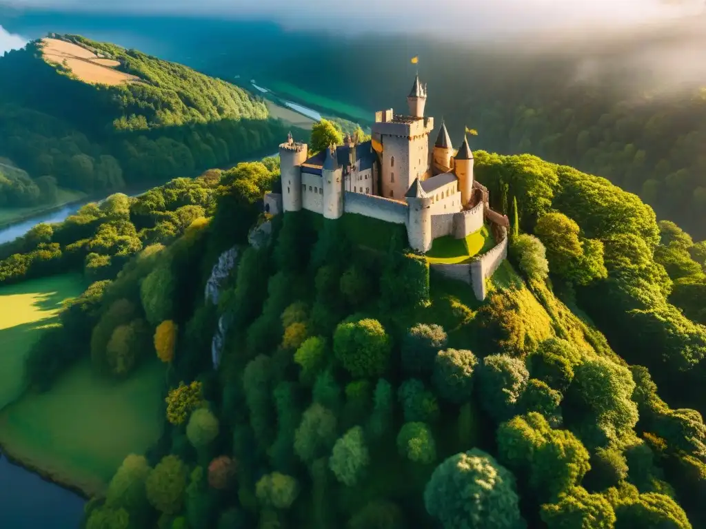Castillo medieval en acantilado al atardecer: historia y belleza Drones para preservar castillos históricos: Castillo medieval en acantilado boscoso al atardecer