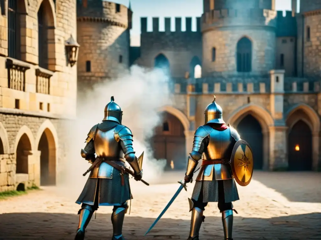 Duelo épico de caballeros en castillo medieval Duelo medieval entre caballeros con armas de origen, en un castillo histórico