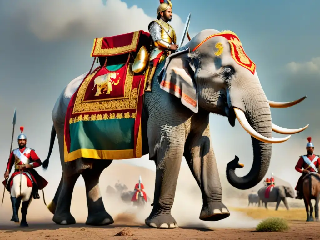 Elefante de guerra: poder ancestral en batalla Elefante con armadura en la guerra: poder y conflicto histórico con animales en batalla