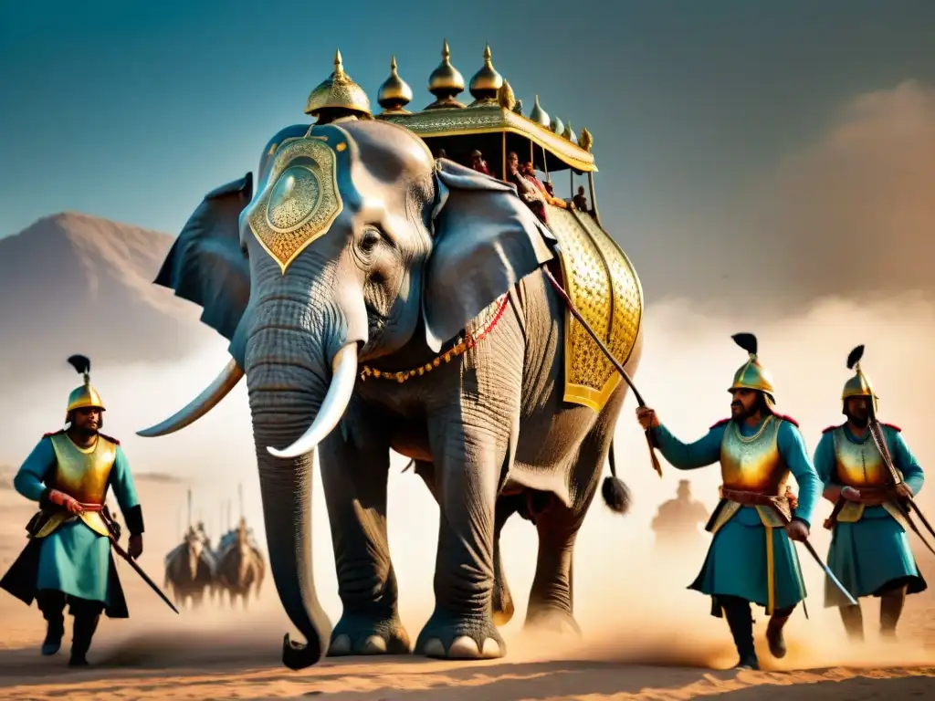 Elefante de guerra: majestuoso y temible en batalla Un elefante de guerra con armadura avanza en el campo de batalla, soldados preparados en su lomo