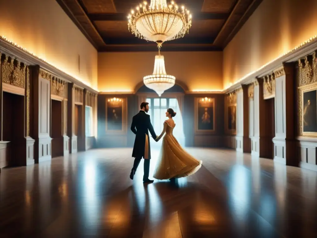 Baile de época en el majestuoso salón de un castillo medieval Elegantes bailes de salón en un castillo encantado, con parejas danzando al ritmo de la música en un majestuoso salón iluminado por candelabros